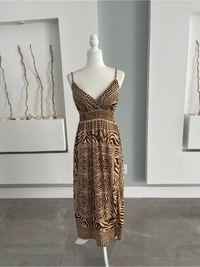 Brown Patterned Midi Dress with Spaghetti Straps